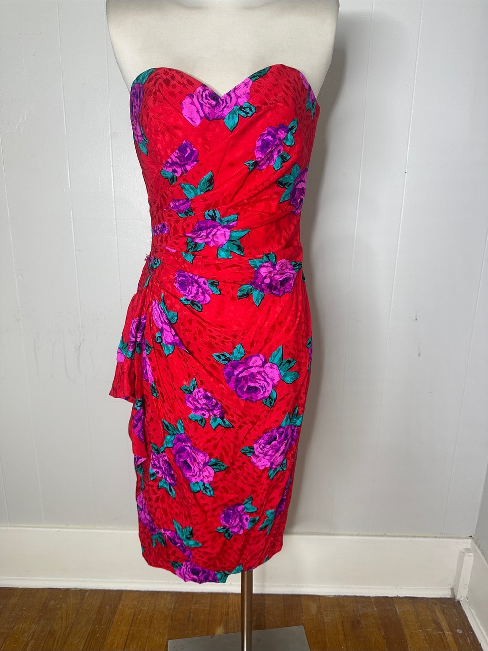 Vintage AJ Bari Silk Fran Core Bold Floral Strapless Dress